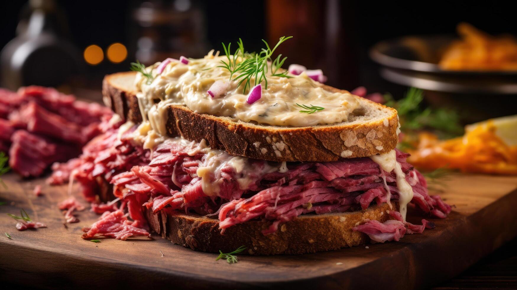 ai gerado uma ruben sanduíche, preenchidas com enlatado carne bovina, Chucrute, suíço queijo, e russo vestir em centeio pão foto