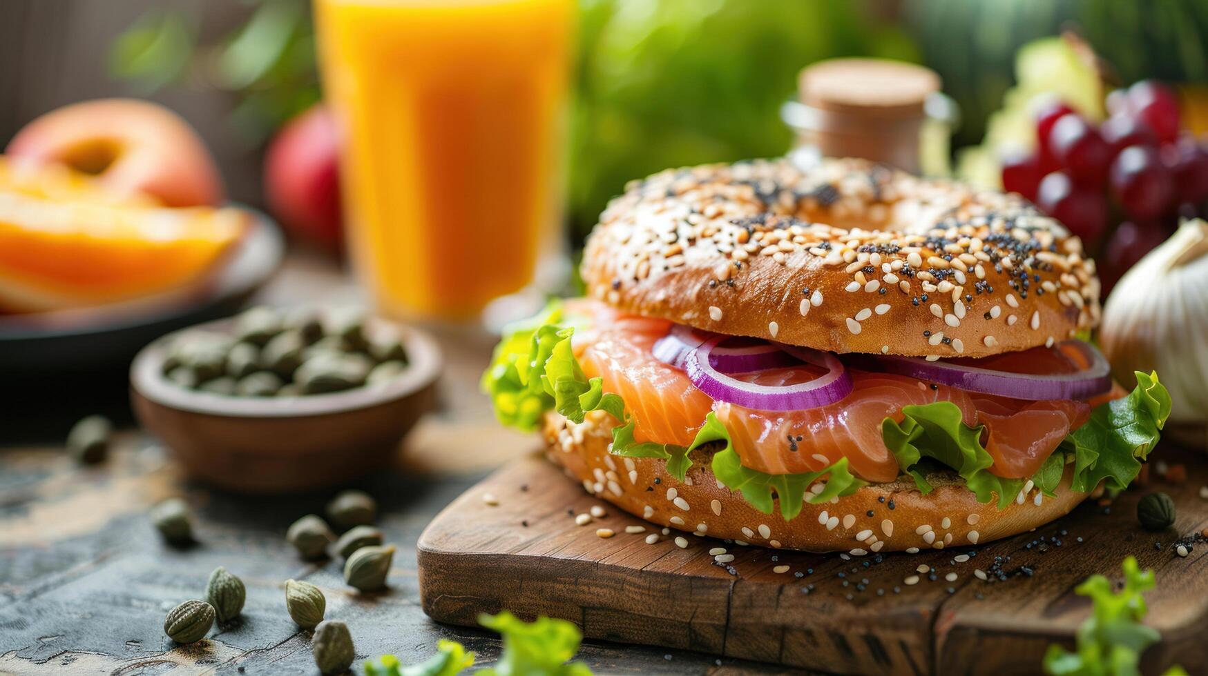 ai gerado uma defumado salmão bagel, com creme queijo, vermelho cebola, e alcaparras, servido com uma lado do fresco fruta foto