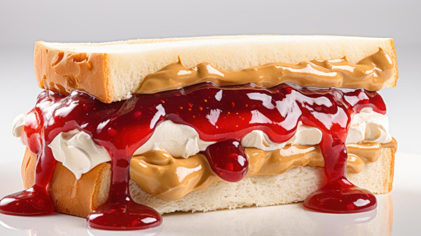 ai gerado uma delicioso imagem do uma amendoim manteiga e geléia sanduíche, com cremoso amendoim manteiga e doce geléia em macio, branco pão foto