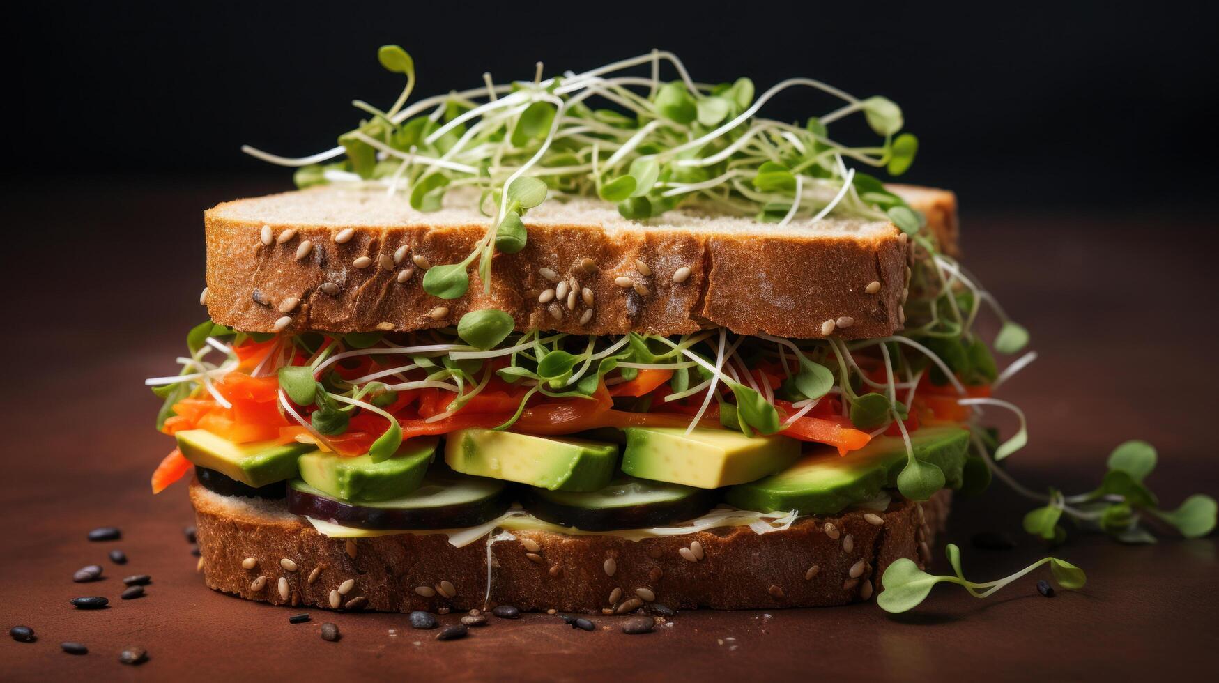 ai gerado uma vegetariano sanduíche, apresentando fatias do abacate, pepino, Sino pimentas, e brotos em todo grão pão foto