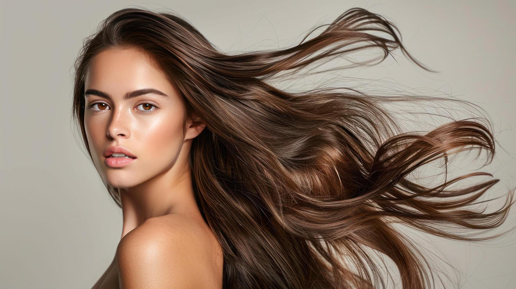 ai gerado uma lindo morena com saudável, grandes cabelo modelos a elegante Penteado foto