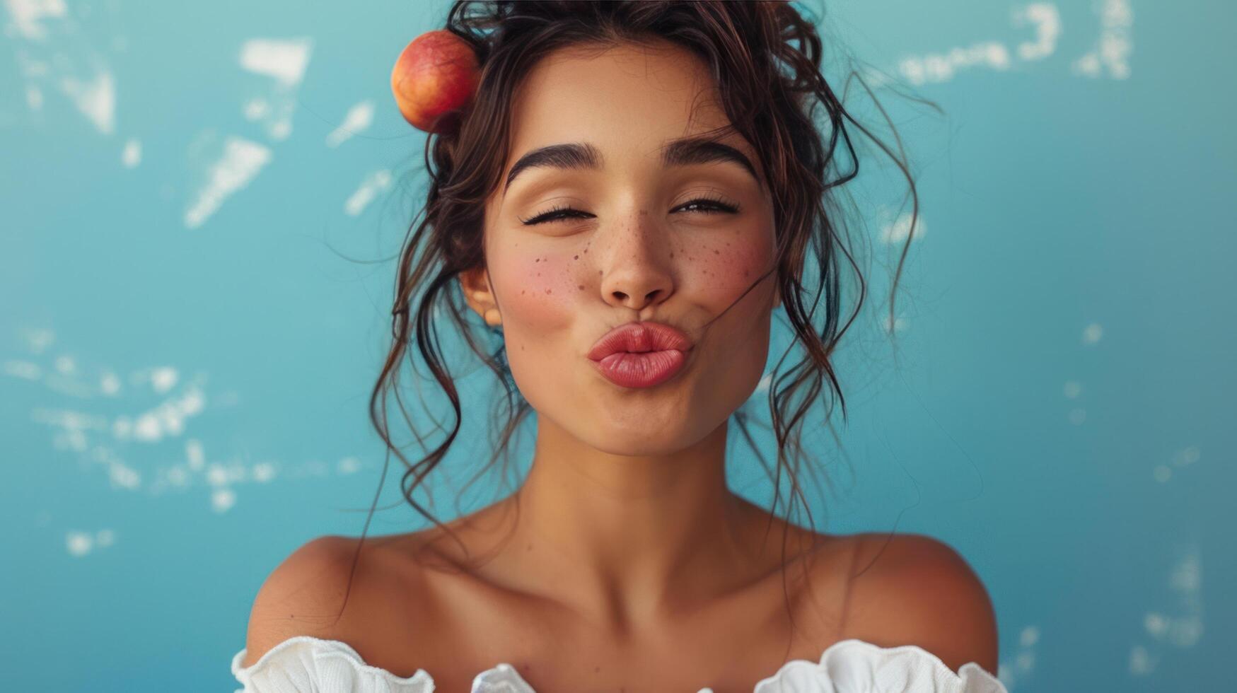 ai gerado encantador senhora dentro branco Fora do ombro topo golpes uma beijo, irradiando elegância e estilo dentro uma fechar-se retrato. foto