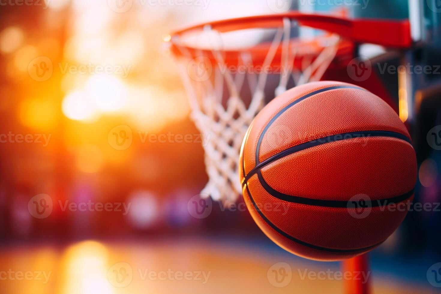 ai gerado basquetebol bola moscas para dentro uma basquetebol aro. foto