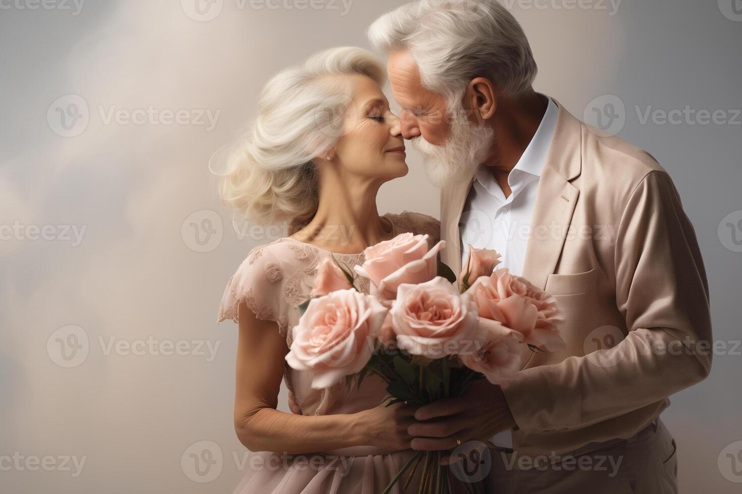 ai gerado a Mais velho casal é se beijando e segurando rosas foto