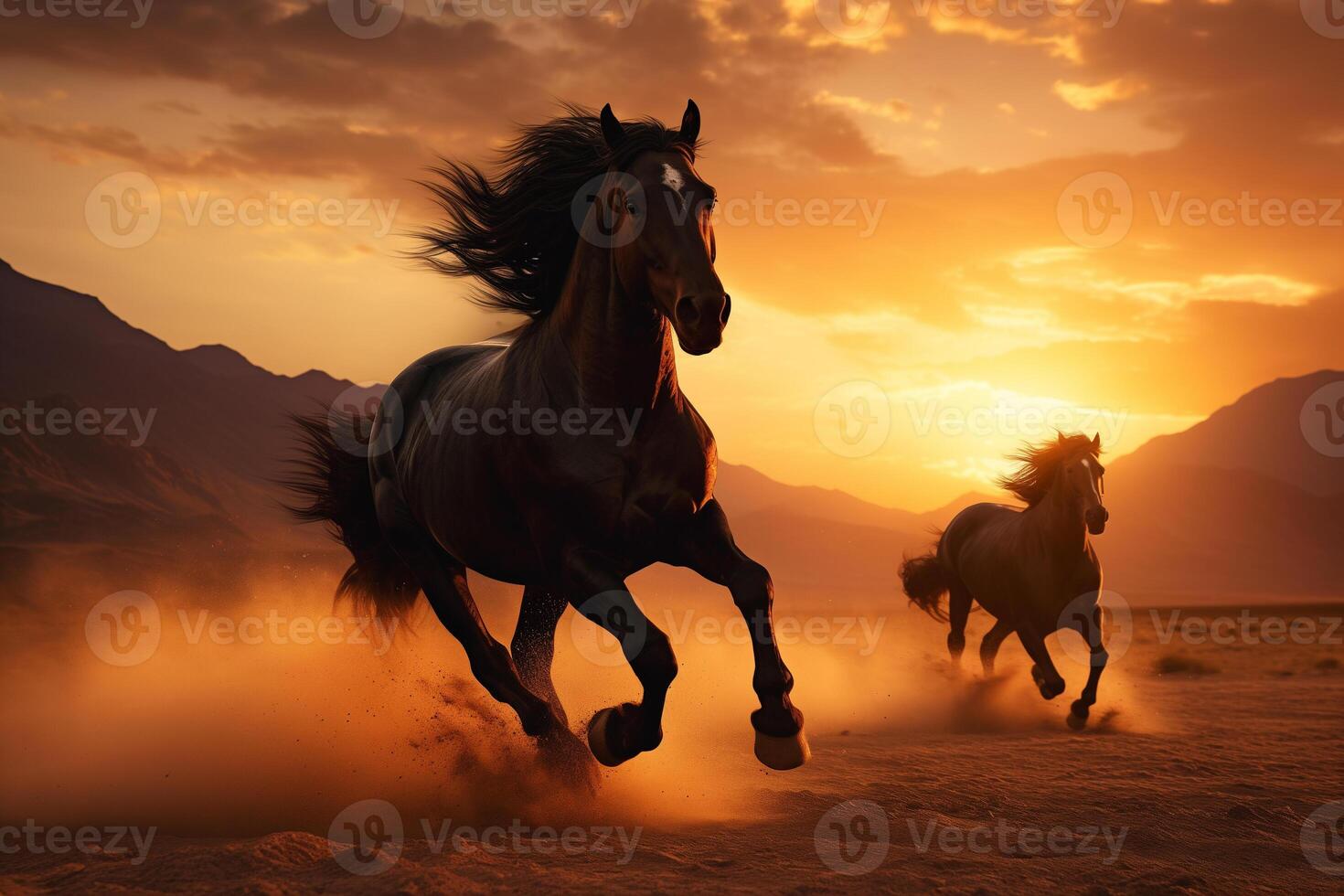ai gerado uma grupo do gracioso Preto cavalos galopando ao longo a areia às pôr do sol foto
