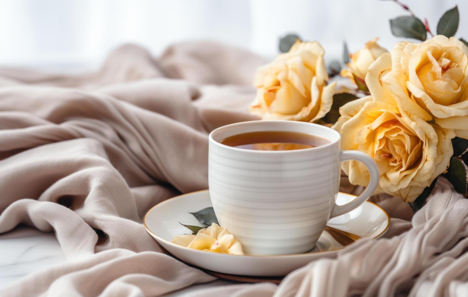 ai gerado uma caneca do chá e rosas em uma mesa foto