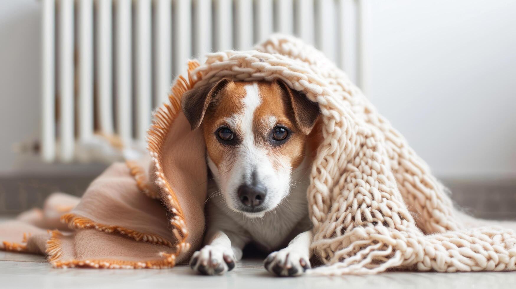 ai gerado uma fofa cachorro é ficando caloroso dentro a vivo quarto de aconchego debaixo uma cobertor perto a radiador. foto