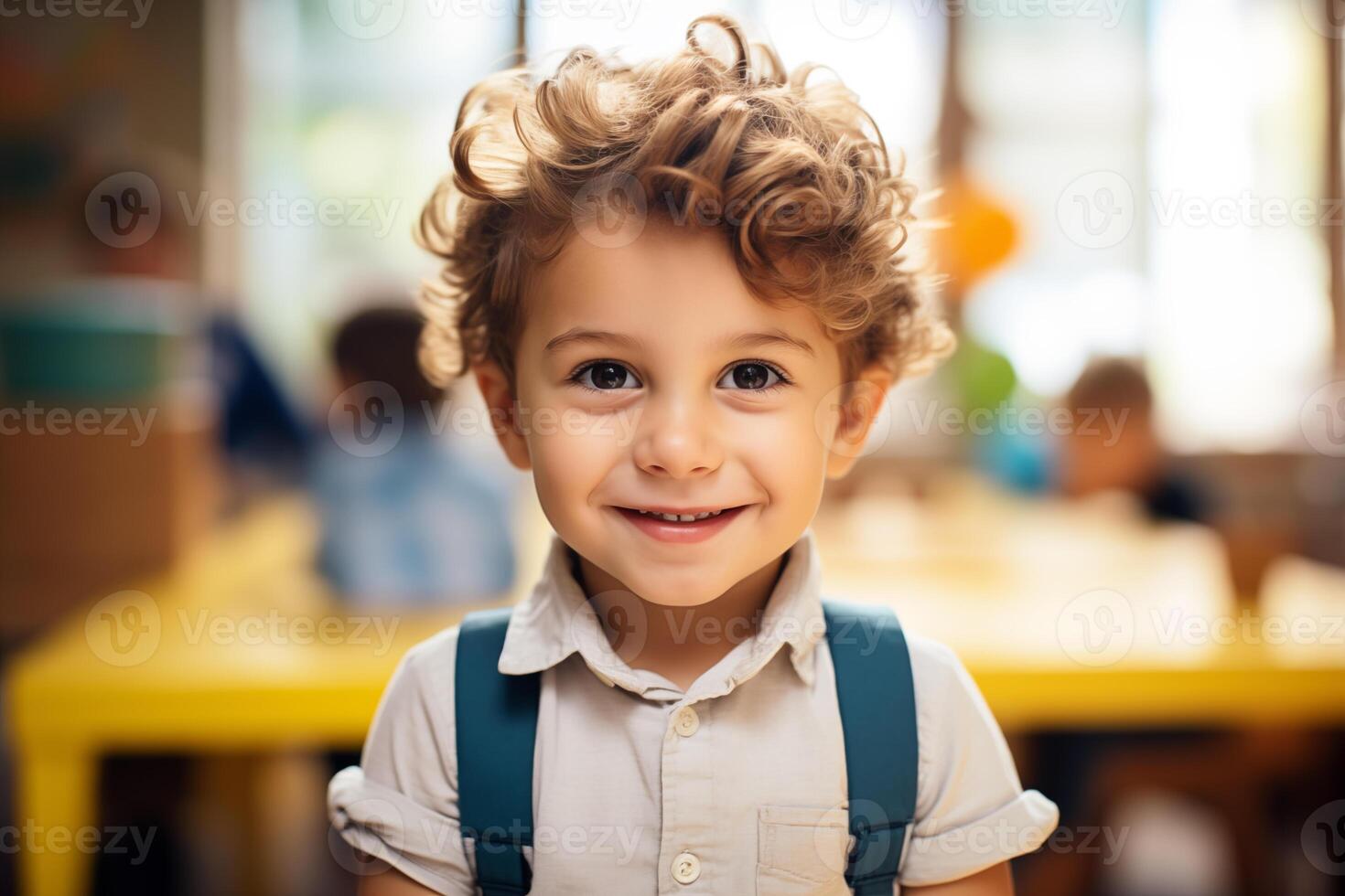 ai gerado retrato do pequeno Garoto dentro Jardim da infância berçário escola. crianças jogando com educacional brinquedos. cedo Educação. montessori Aprendendo Ferramentas para crianças. foto