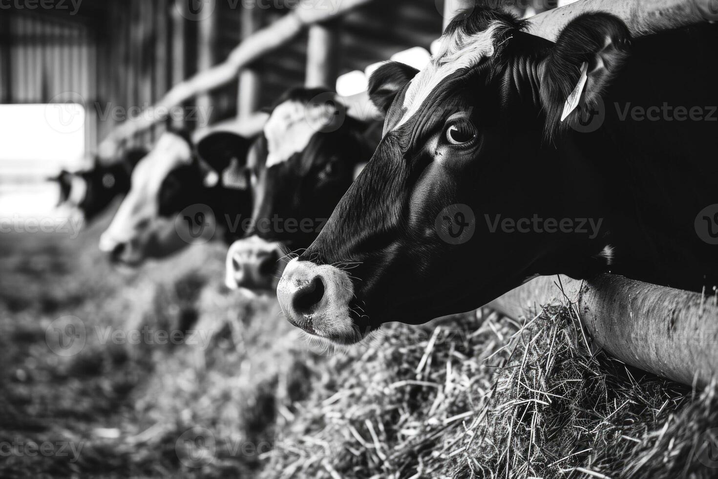 ai gerado agricultor alimentando Preto e branco vacas em gado Fazenda. foto