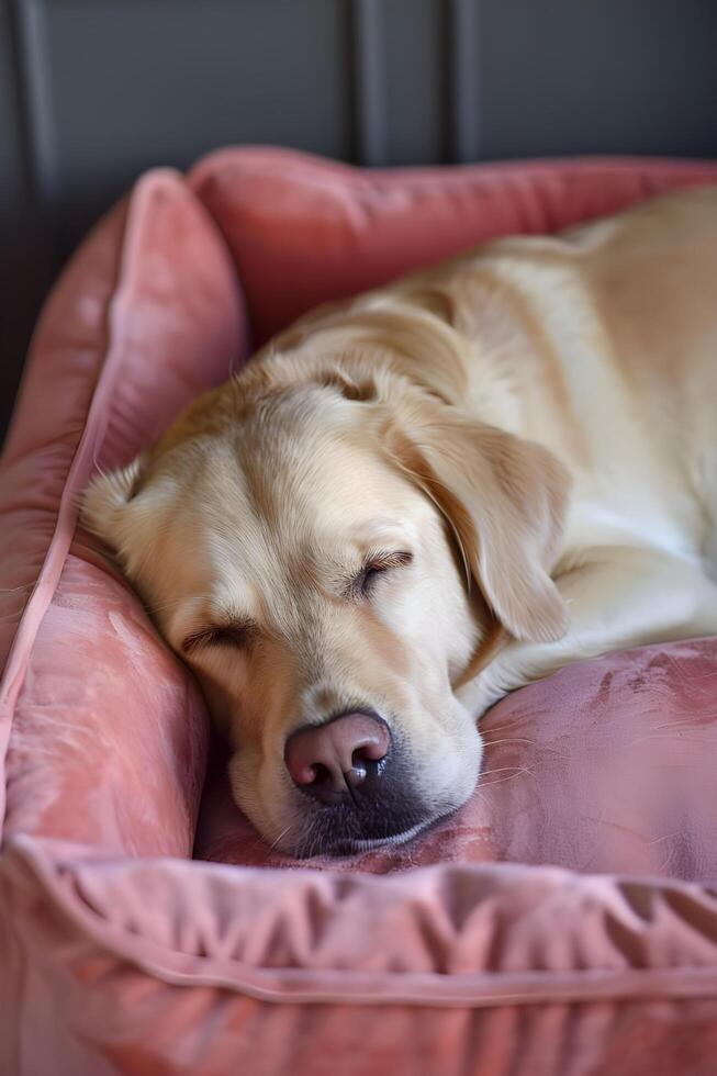 ai gerado pacífico cachorro sesta em Rosa cama foto