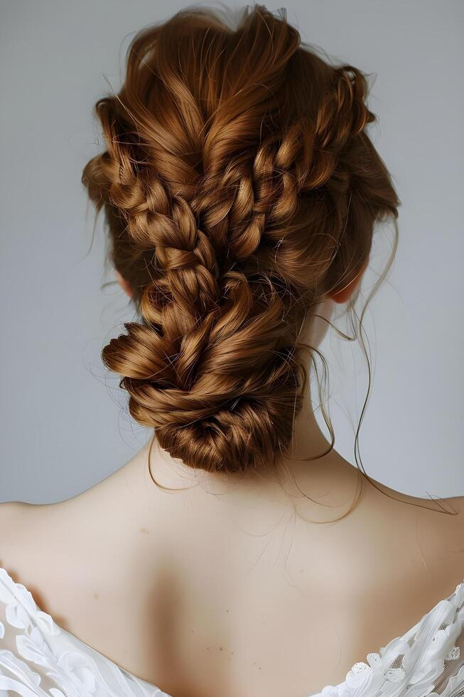 ai gerado lindo mulher com elegante updo e trançado detalhes foto