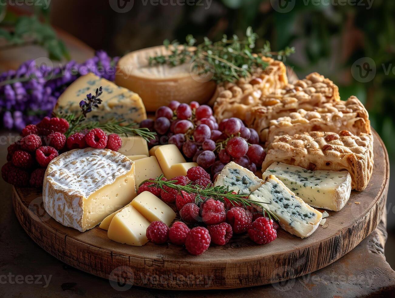 ai gerado queijo prato com sortimento do queijos frutas e bagas foto