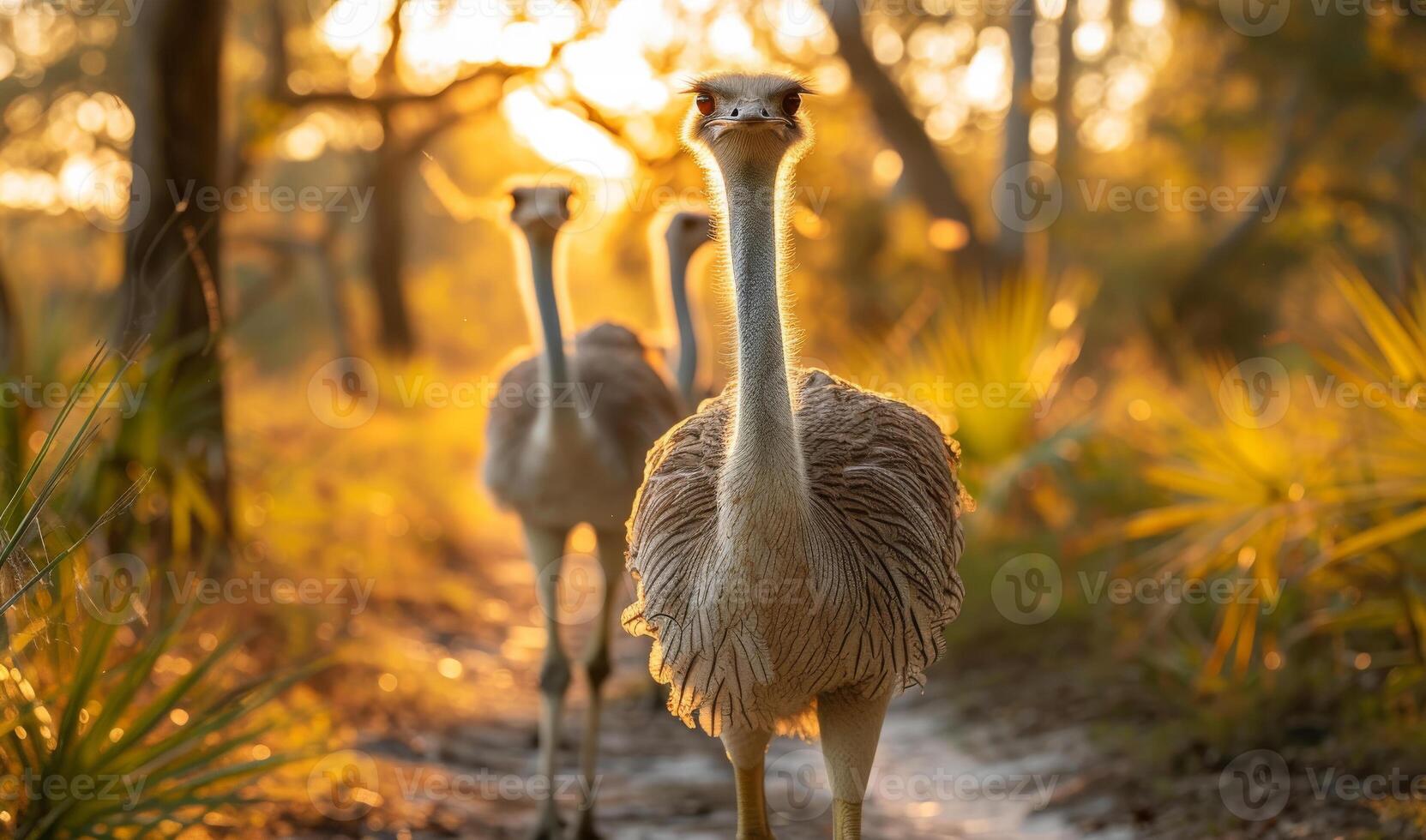 ai gerado dois avestruzes andar baixa caminho dentro a florida pântano às pôr do sol. foto