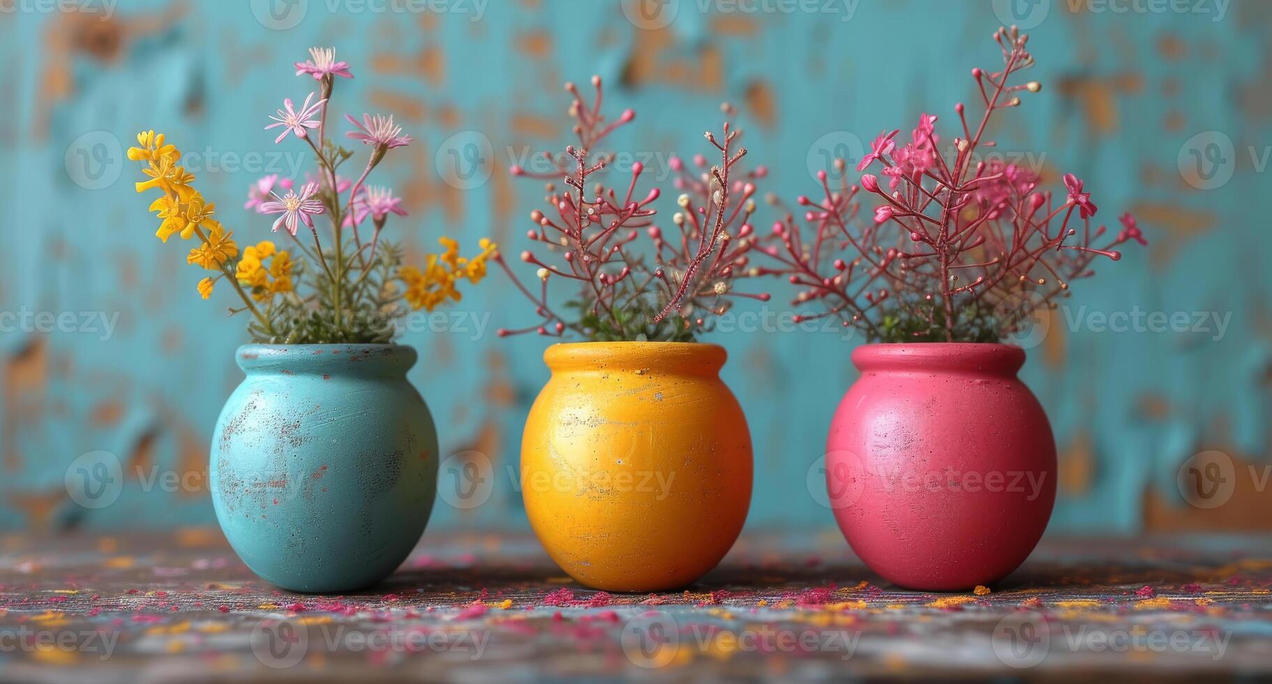 ai gerado três colorida vasos com flores em de madeira mesa foto