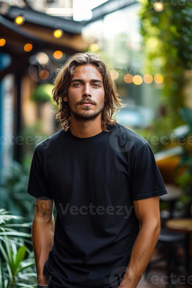 ai gerado retrato do bonito jovem homem com grandes cabelo e barba foto