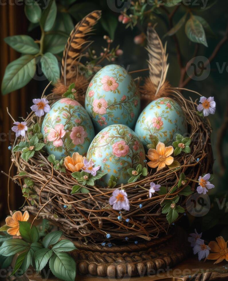 ai gerado Páscoa ovos dentro ninho com flores e penas foto