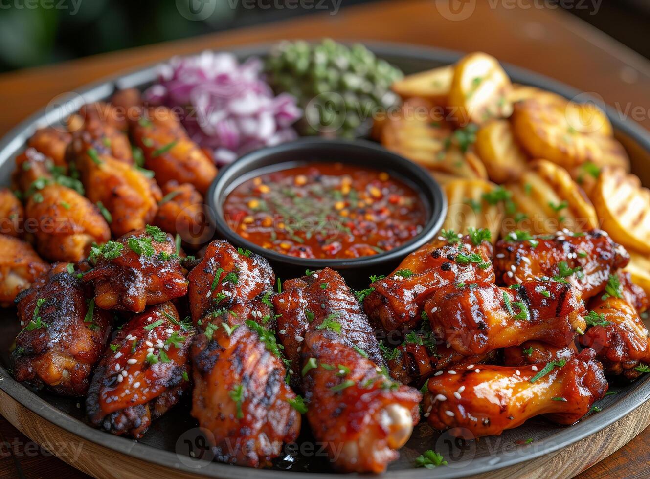 ai gerado prato do delicioso churrasco frango asas com batata cunhas vermelho cebola e picante molho foto