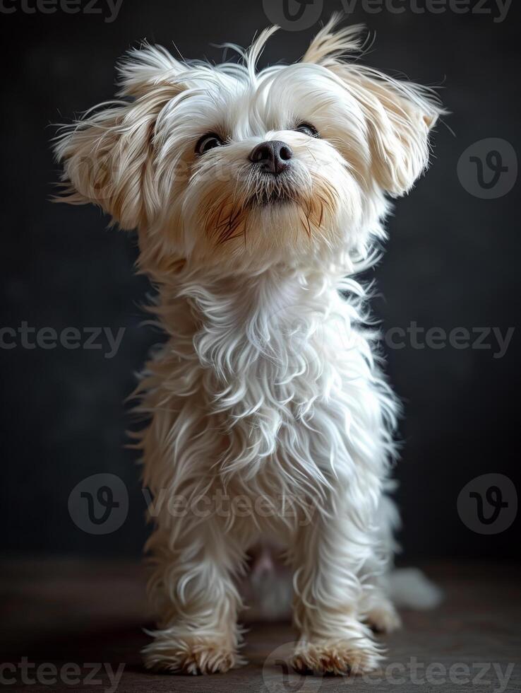 ai gerado pequeno branco cachorro carrinhos em de madeira chão e parece acima. branco cabelos cachorro em pé em Preto fundo foto