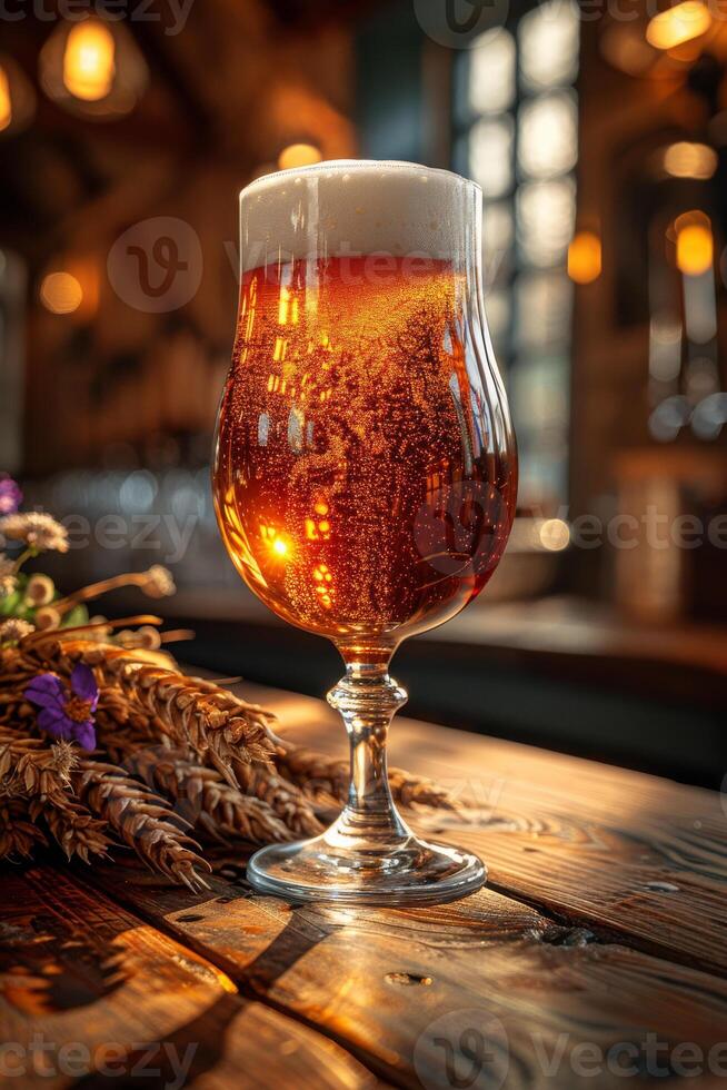 ai gerado vidro do frio luz Cerveja em a de madeira Barra contador dentro bar foto