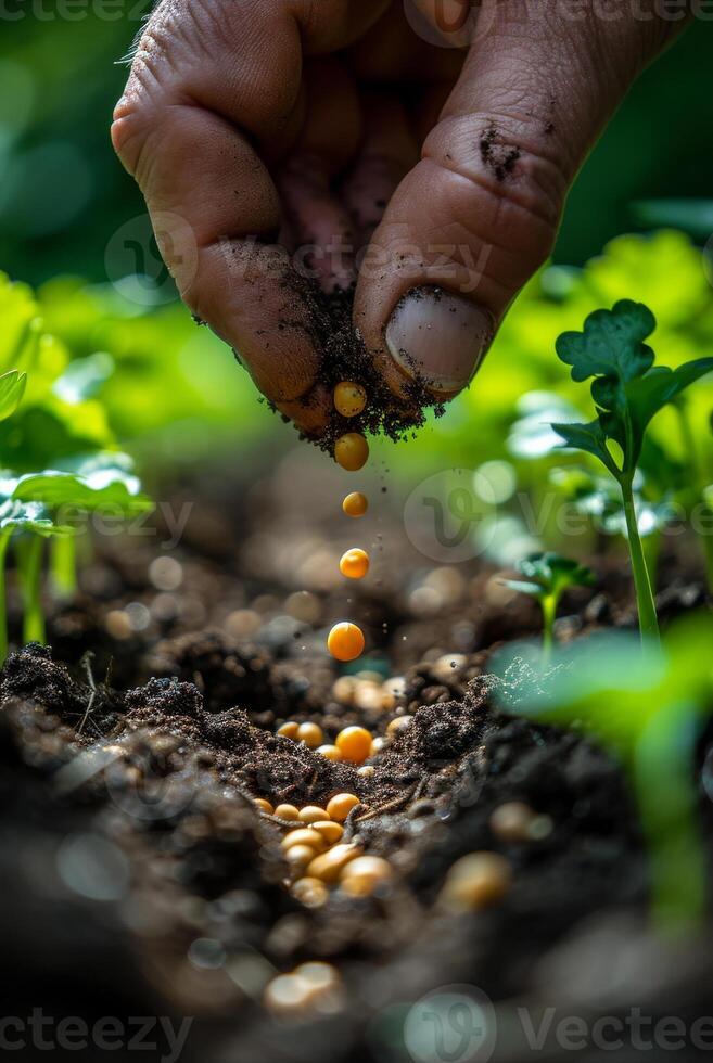 ai gerado agricultor mão plantio soja semente dentro a vegetal jardim foto