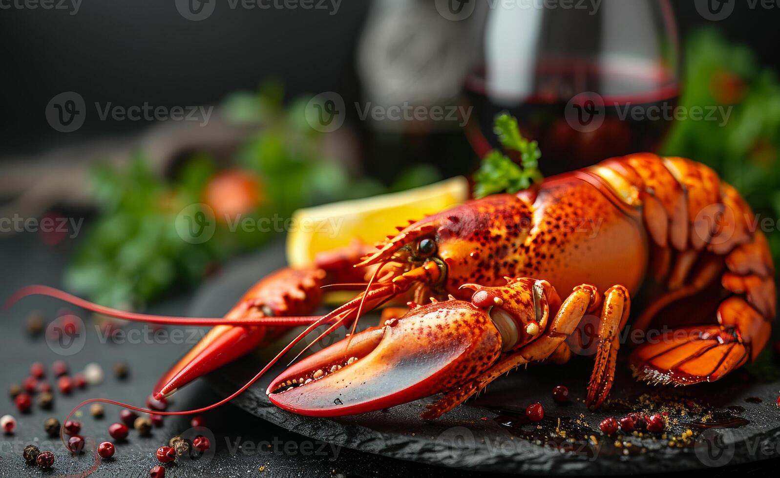 ai gerado lagosta cozinhou com limão e especiarias em pedra prato foto