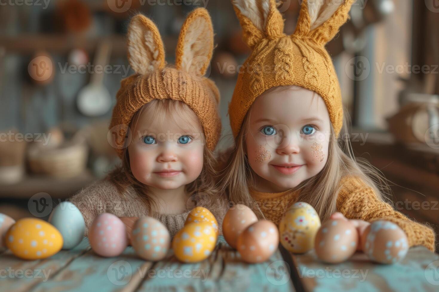 ai gerado dois pequeno meninas dentro tricotado Coelho orelhas estão sentado às a mesa com Páscoa ovos. foto