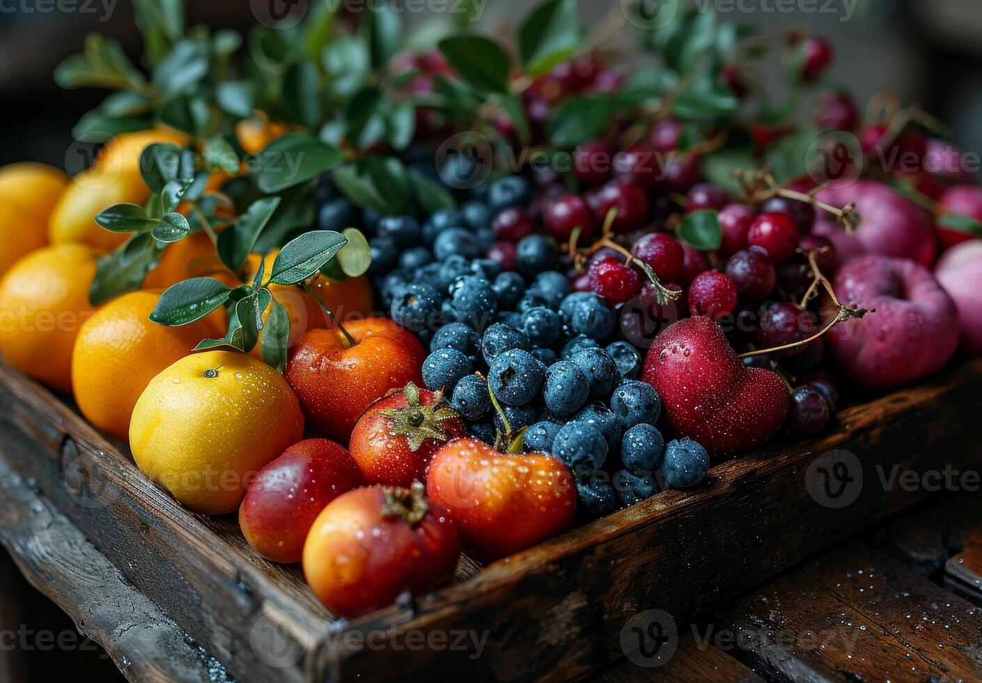 ai gerado fresco frutas dentro de madeira caixa foto