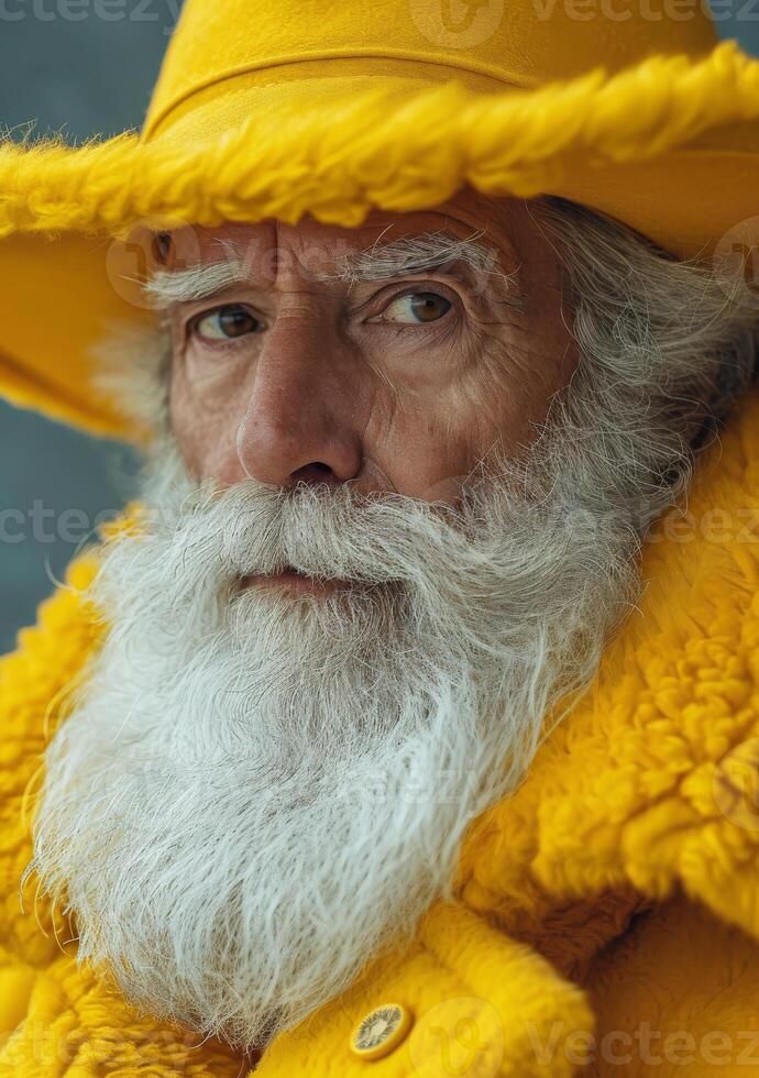 ai gerado uma homem vestido dentro amarelo com uma ótimo branco barba foto