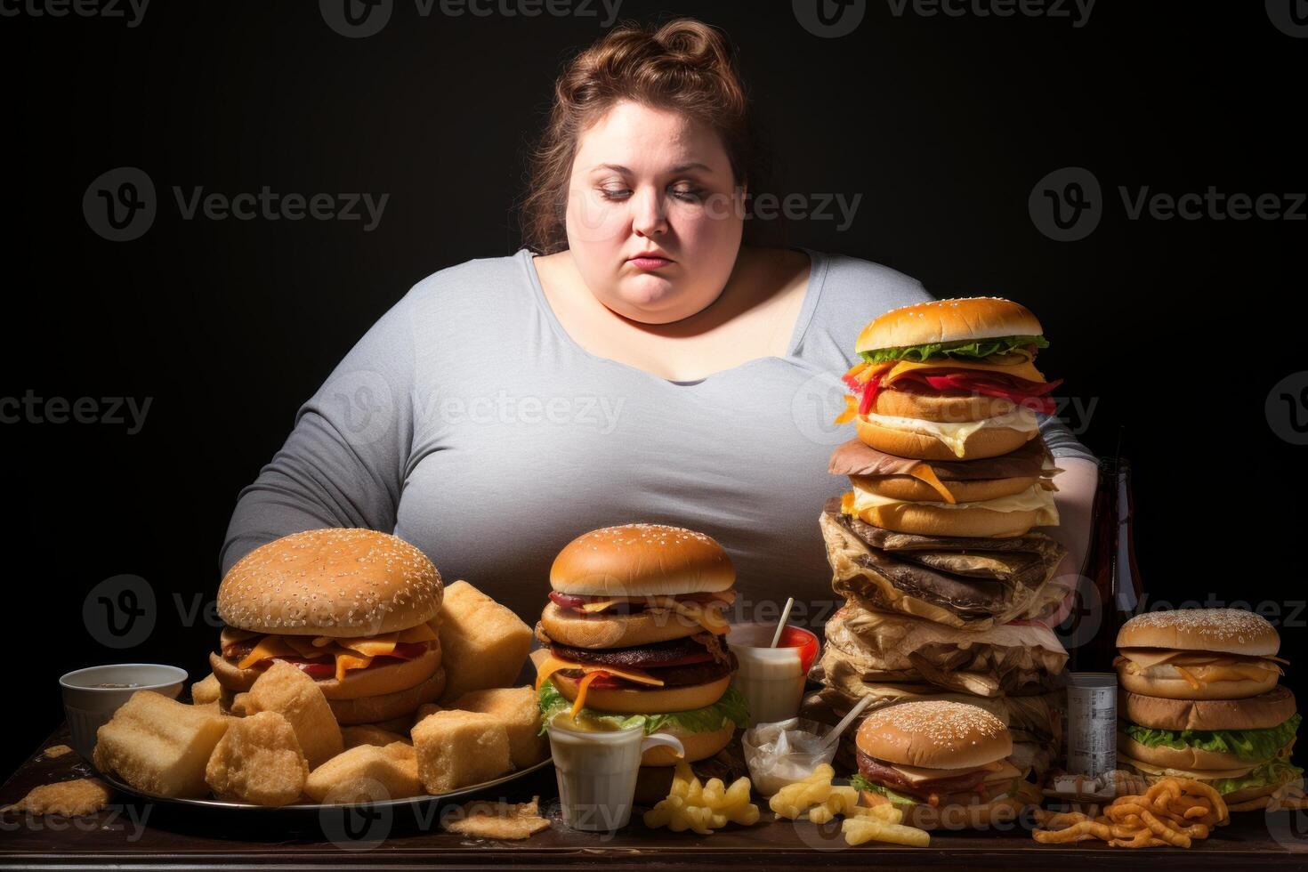 ai gerado auto-consciente excesso de peso mulher comendo. gerar ai foto