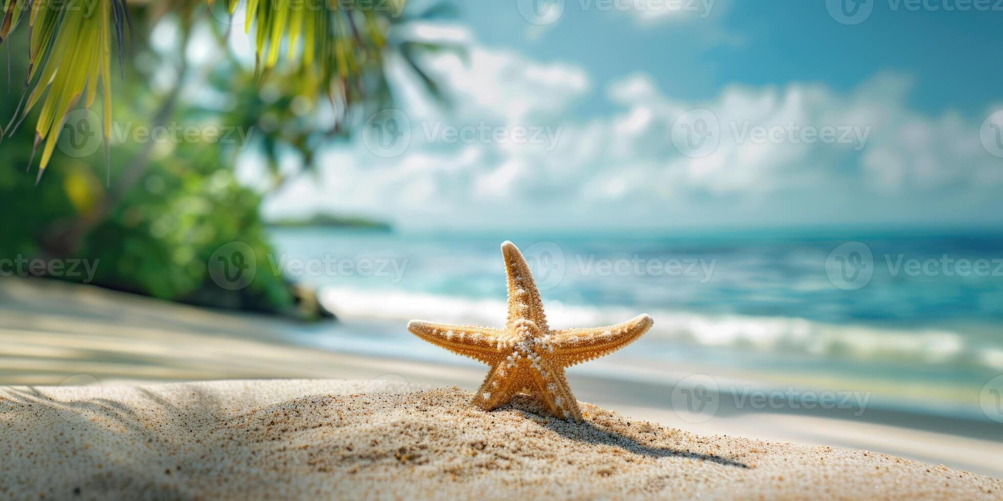 ai gerado estrelas do mar em a areia em a costa do uma lindo de praia com Palma árvores verão fundo com cópia de espaço foto