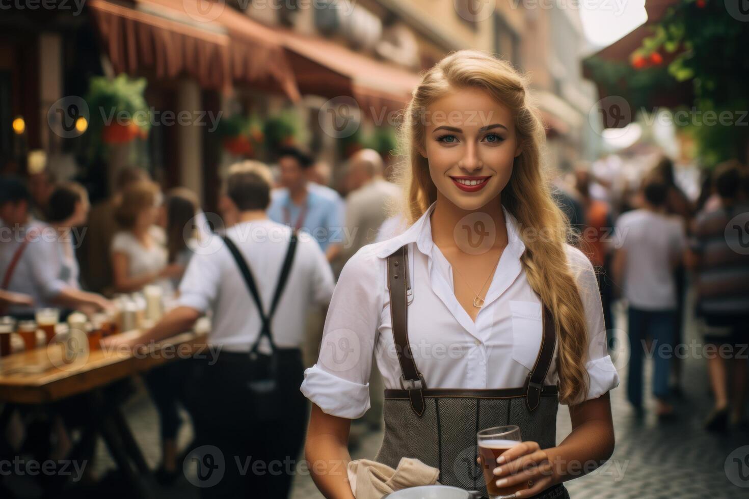 ai gerado alegre oktoberfest garçonete bávara. gerar ai foto