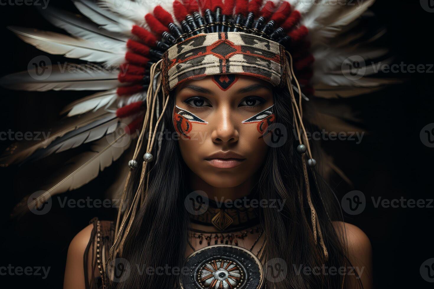 ai gerado dinâmico nativo americano mulher estrelando. gerar ai foto