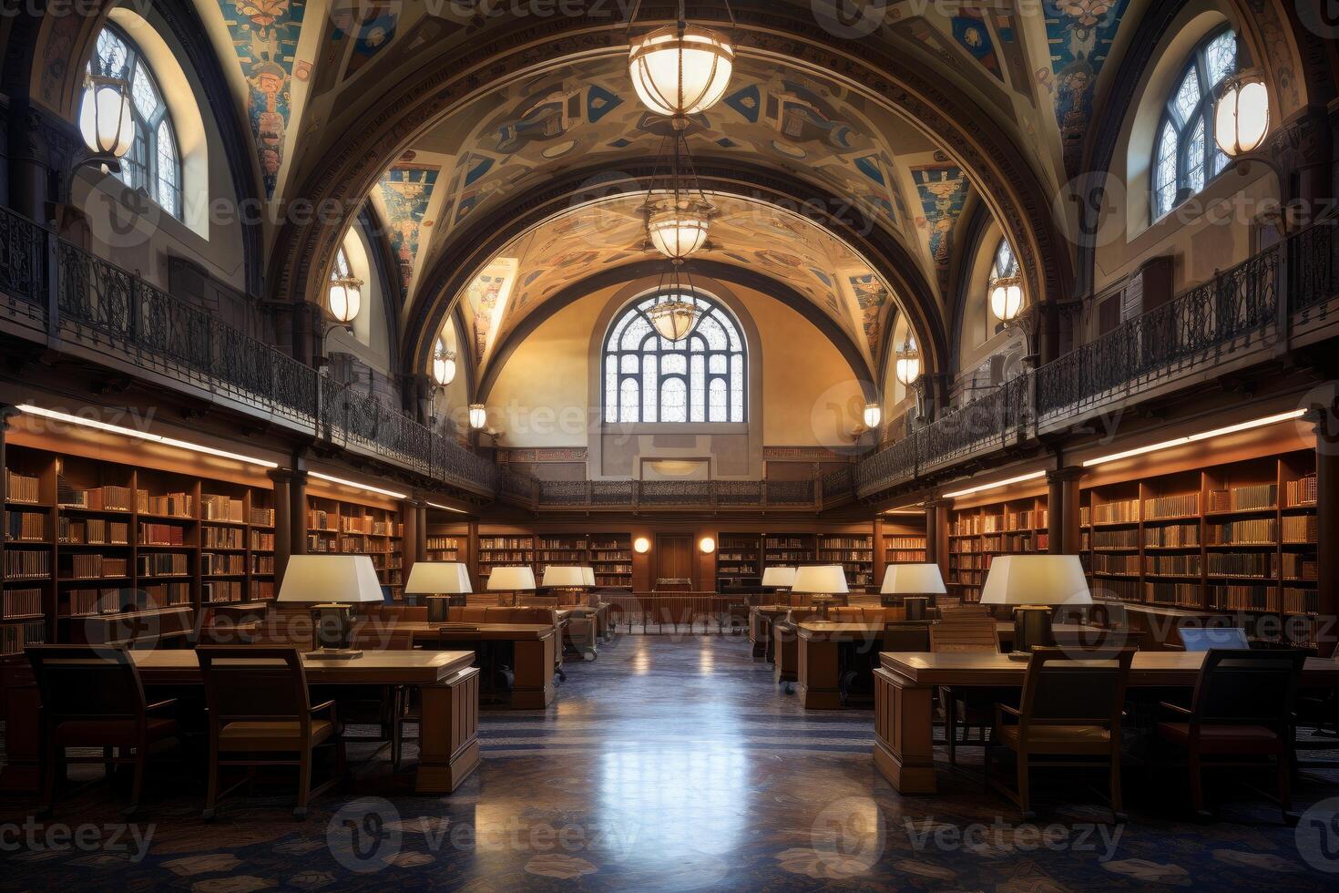 ai gerado bem iluminado público biblioteca interior. gerar ai foto