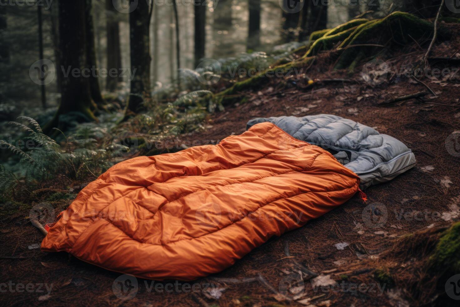 ai gerado compactar enrolado dormindo saco acampamento engrenagem. gerar ai foto