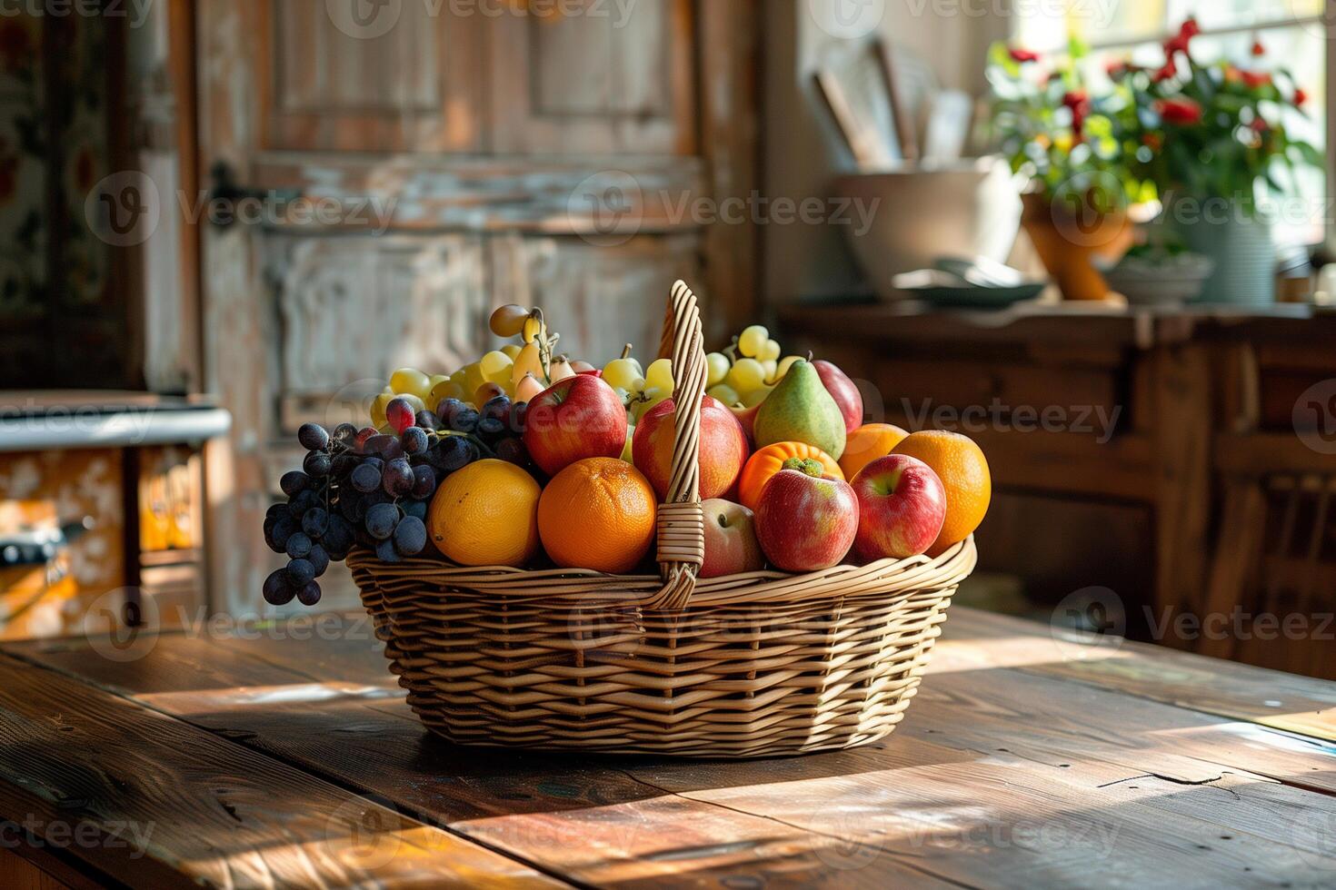 ai gerado cesta com fresco frutas em de madeira mesa dentro cozinha, fechar-se foto