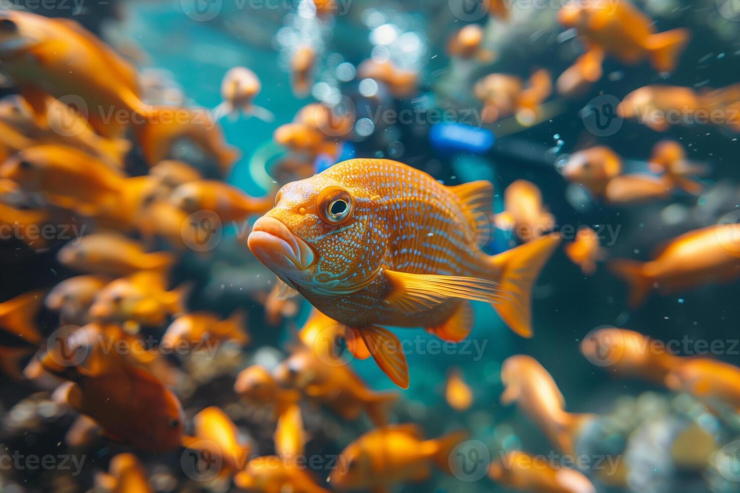 ai gerado amarelo exótico peixe embaixo da agua dentro uma escola do peixe foto