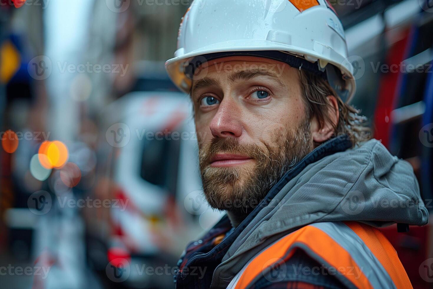 ai gerado retrato do uma trabalhador dentro a laranja capacete e uma reflexivo colete em a fundo do a cidade rua foto