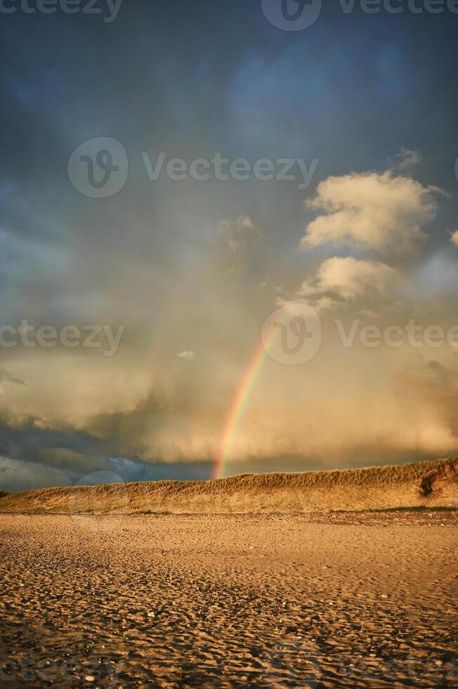 arco Iris sobre de praia dentro Dinamarca depois de chuva foto
