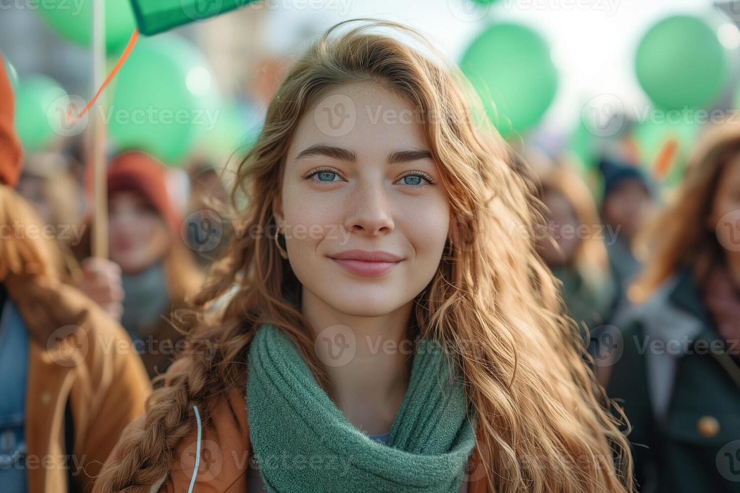 ai gerado mulheres segurando verde bandeiras e balões às uma comício em internacional mulheres dia foto