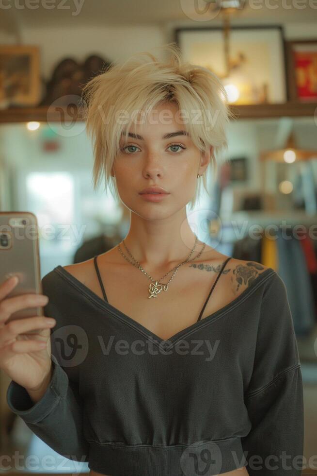 ai gerado mulher com curto loiro cabelo, sobre 25 anos velho. levando uma selfie, segurando uma Smartphone dentro uma ampla espelho dentro uma roupas loja foto