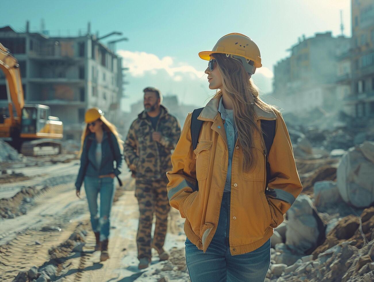 ai gerado realista diverso equipe do masculino e fêmea caminhando dentro a construção local foto