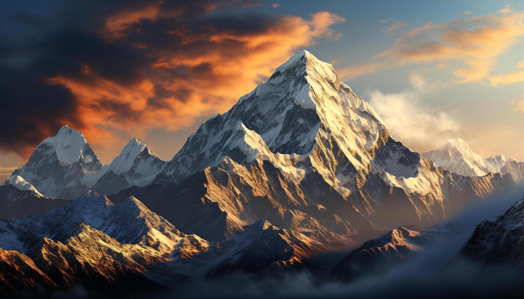 ai gerado majestoso montanha pico, neve limitado e tranquilo, debaixo dramático pôr do sol céu gerado de ai foto