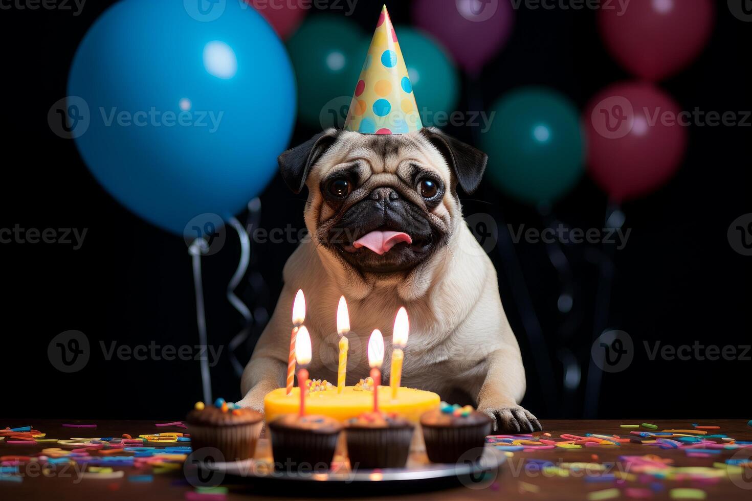 ai gerado festivo pug aniversário boné. gerar ai foto