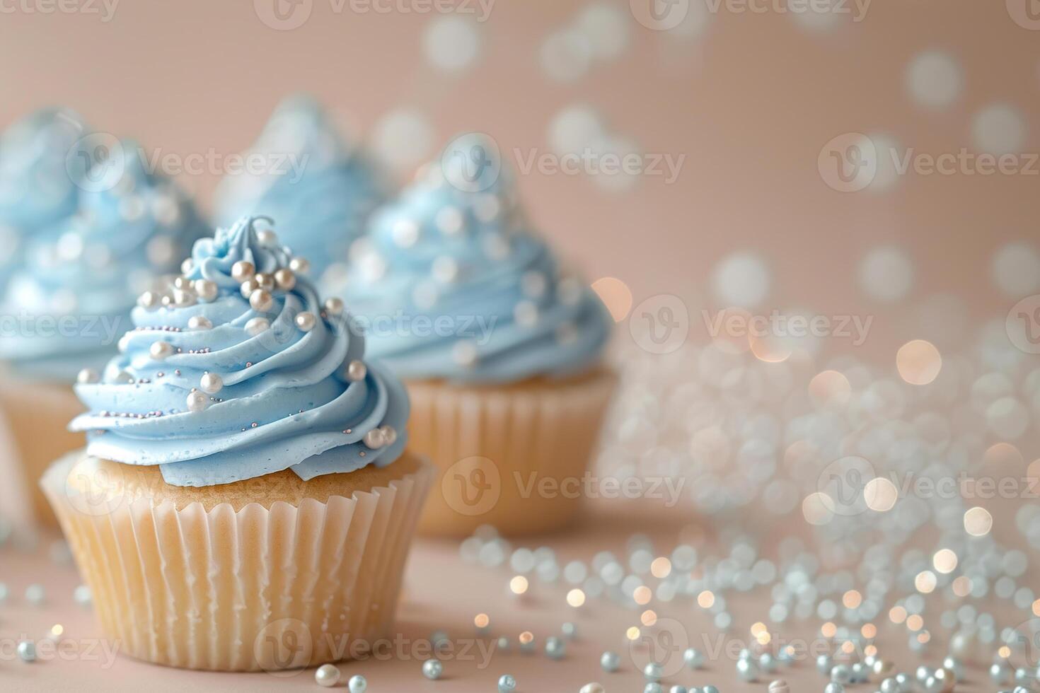 ai gerado bege fundo com azul bolos de copo brilhar e cópia de espaço. Está uma Garoto pano de fundo com esvaziar espaço para texto. bebê banho, aniversário convite, Festa. bebê Garoto nascimento anúncio. masculino dia. foto