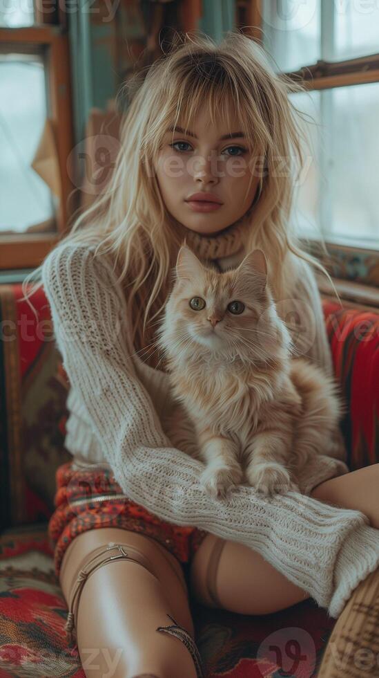 ai gerado cyberpunk estilo retrato com mulher e gato foto