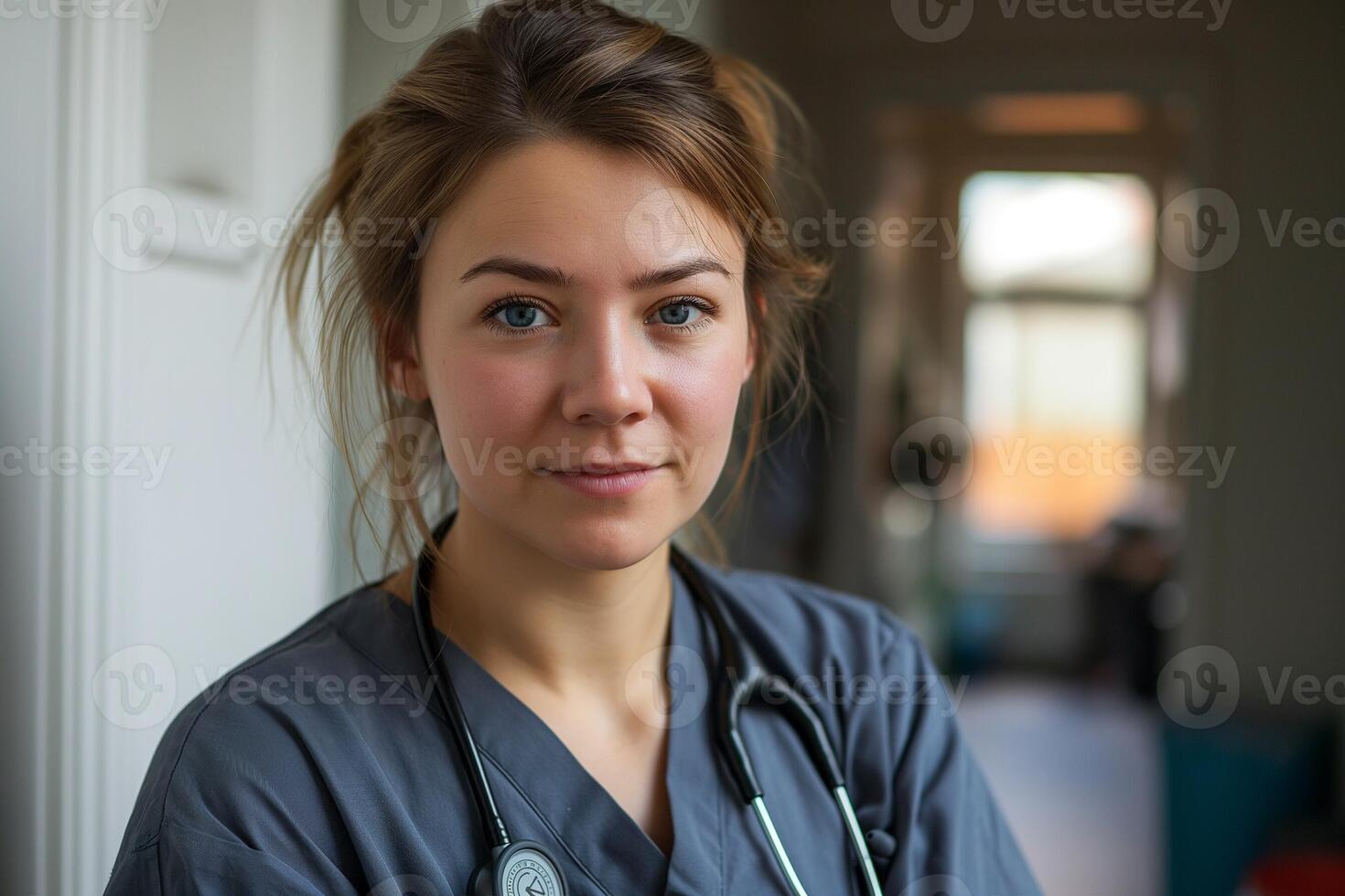 ai gerado retrato do uma mulher sobre 30 anos velho dentro uma cinzento enfermeira uniforme dentro uma hospital foto