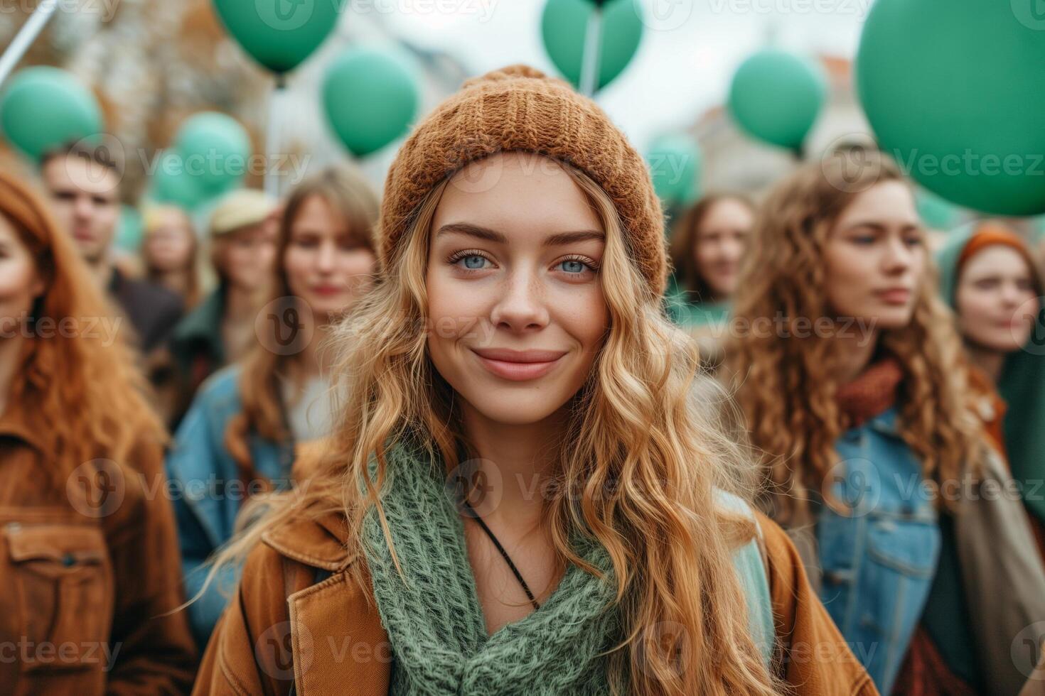 ai gerado mulheres segurando verde bandeiras e balões às uma comício em internacional mulheres dia foto