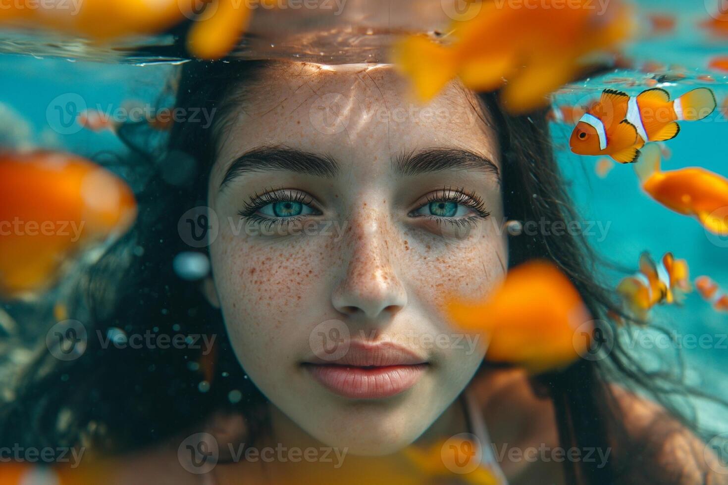 ai gerado lindo mulher com grandes Preto cabelo natação dentro a vermelho mar com colorida peixe e corais foto