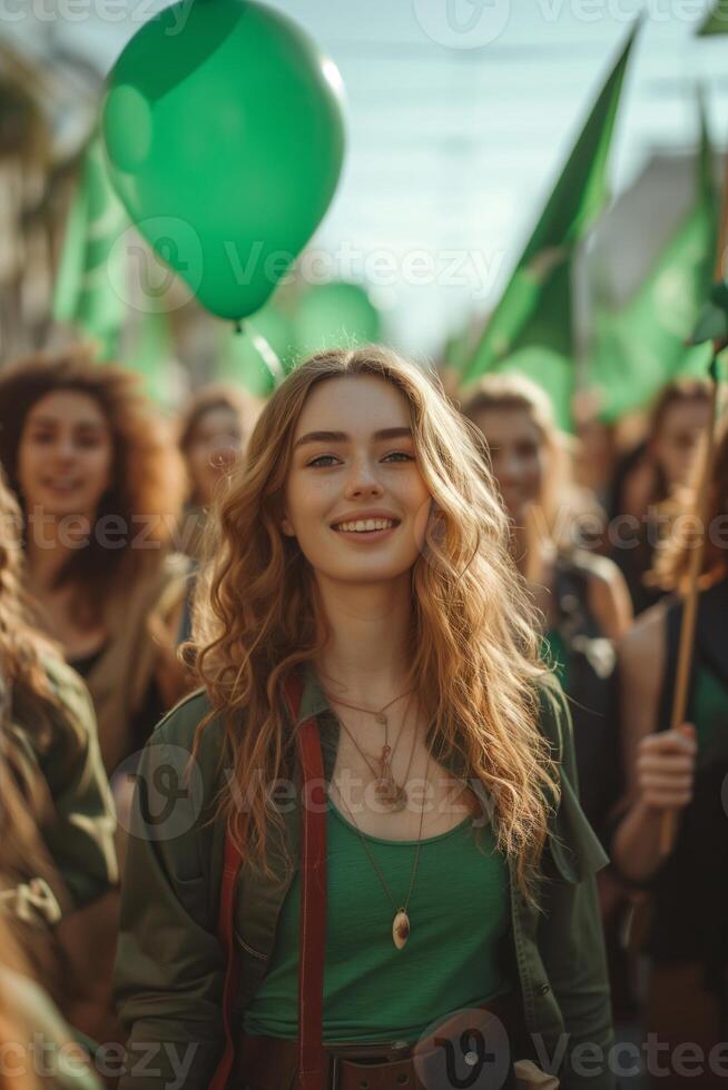 ai gerado mulheres segurando verde bandeiras e balões às uma comício em internacional mulheres dia foto