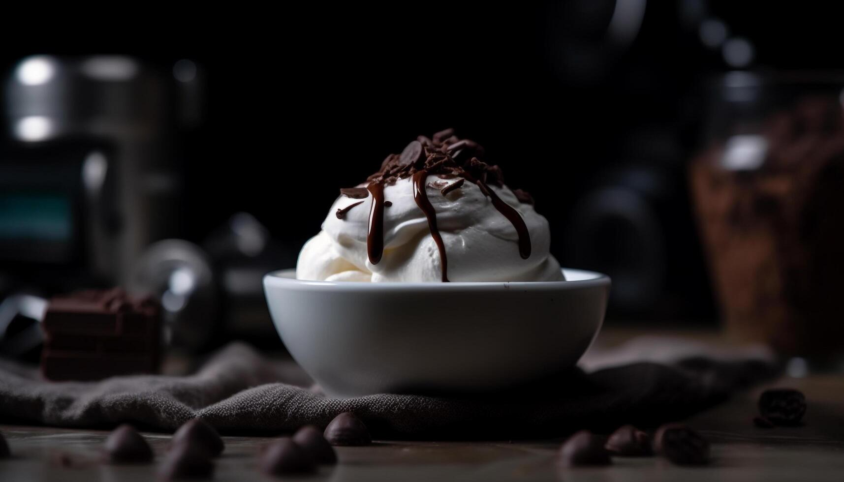 ai gerado indulgente gourmet sobremesa Sombrio chocolate mousse em uma de madeira prato gerado de ai foto